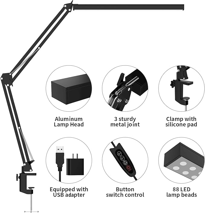 LED Desk Lamp, Manicure Table Lamp, Eye-Caring Drafting Light, Dimmable Office Table Lamp with 3 Color Modes, 10 Brightness Levels & Adapter, Memory Function(Black) - LeafyLoom