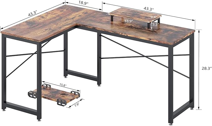 Computer Desk, L Shaped Desk with Large Desktop, Corner Desk with Monitor Stand PC Laptop Table Computer Workstation for Home Office (Rustic Brown) - LeafyLoom