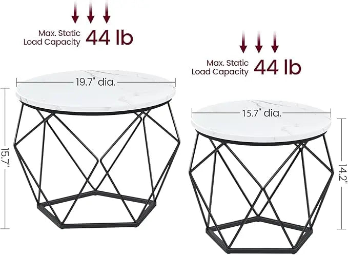 VASAGLE Small Coffee Table Set of 2, Round Coffee Table with Steel Frame, Side End Table for Living Room, Bedroom, Office, Marble White and Ink Black - LeafyLoom