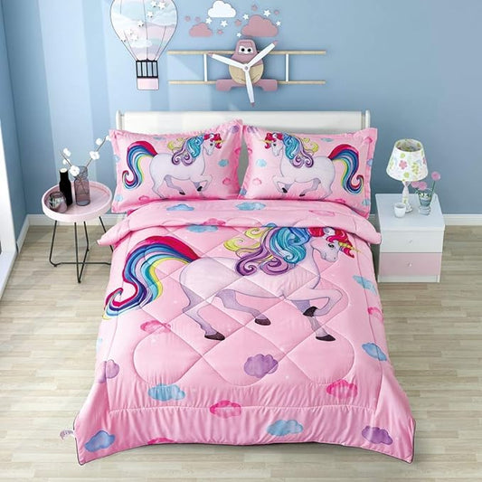 Wowelife Unicorn Comforter Set Queen 5 Pieces Unicorn Bedding Set Pink Rainbow Kids Bedding Set Bed in a Bag for Boys and Girls with Comforter, Flat Sheet, Fitted Sheet and 2 Pillowcases - LeafyLoom