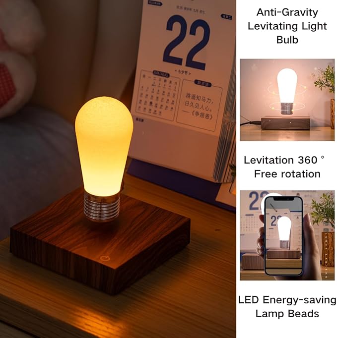 Levitating Bulb Lamp Magnetic Floating Light Desk Lamp Night Light, 360 Degree Wireless Automatic Rotating Light for Gifts Home Office Decor Desk Tech Toys (Square-Mini Dark Brown) - LeafyLoom