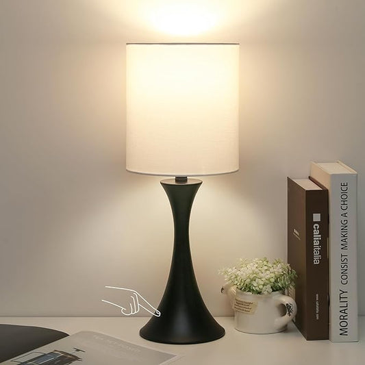 3 Way Touch Control Table Lamp, Modern Bedside Lamp for Bedroom, Dimmable Black Nightstand Lamp White Shade Desk Reading Light for Living Room Office Dorm, 3000K LED Bulb Included - LeafyLoom