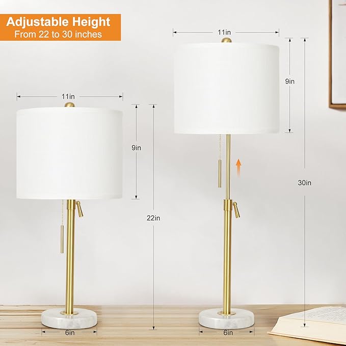 Lamp Modern Set of 2: 22" to 30" Height Adjustable Pull Chain Switch for Living Room Bedroom End Table, Marble Base White Linen Shade Golden Pole Nightstand Lamp Brass for Office, Bedside Table - LeafyLoom