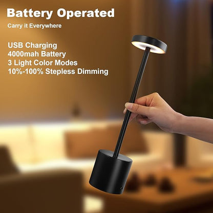 LED Table Lamp Eye-Caring Battery Operated Desk Lamps Bedside Reading 3-Colors Wireless Dimmable Night Light for Bedroom Living Room Home Office Up to 72h Cordless Lighting - LeafyLoom