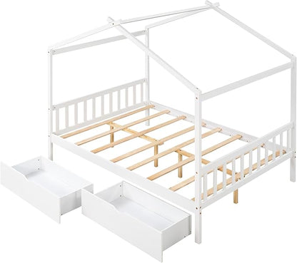 Full Size Bed Frame with Headboard and Footboard, Low House Bed/Full Bed Frame with Storage Drawer, Wood Bed Frame for Kids, Girls, Boys (White Drawer, Full) - LeafyLoom