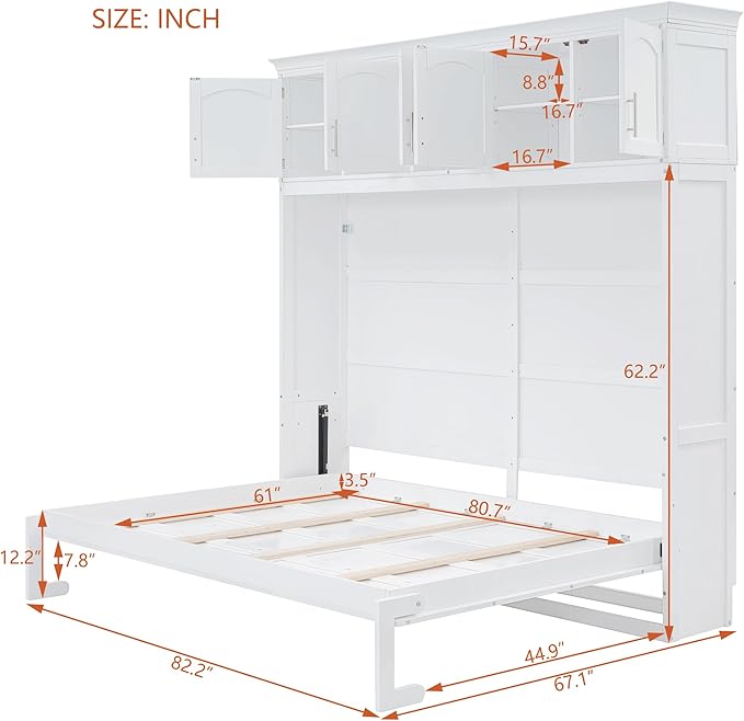 Merax Farmhouse Solid Wood Murphy Bed Chest with Top Cabinets, Storage Wall Platform Bed with Wood Slat Support/Space Saving Queen,White - LeafyLoom