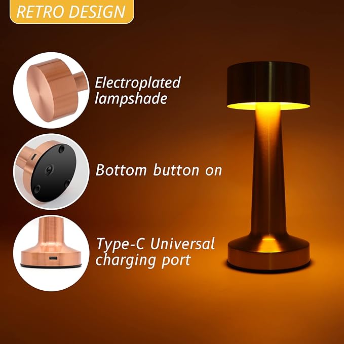 Cordless Portable LED Table Lamp with Touch Sensor, Dimmable Gold Yellow White 3 Colors, Rechargeable Desklamp Night Light for Kids Nursery Bedroom Bedside Lamp (Rose Gold) - LeafyLoom