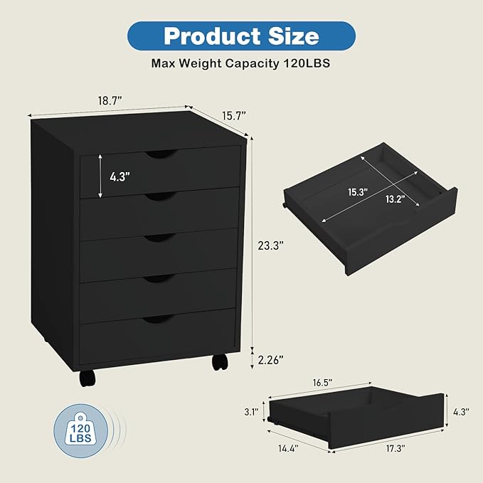 OLIXIS Chest Wood File Cabinet Rolling Organization Storage Dresser with Wheels for Home Office - LeafyLoom