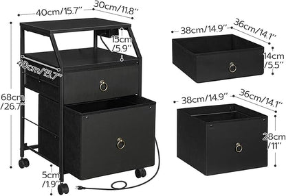 HOOBRO 2-Drawer Mobile File Cabinet, Filing Cabinet with Charging Station, Rolling Printer Stand with Open Storage Shelf, fits A4/Letter-Size for Home Office, Nonwovens Drawer, Black BB10UWJ01 - LeafyLoom