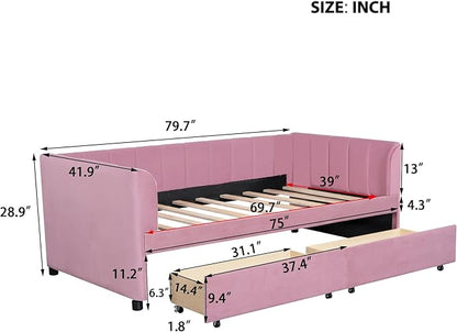 Modern Twin Size Upholstered Daybed Frame with Storage Drawers, Elegant Velvet Fabric Sofa Bed with Ergonomic Design Backrest and Armrests, No Box Spring Needed, Pink - LeafyLoom