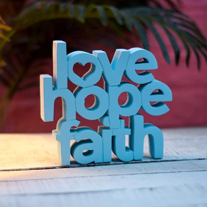 Love Hope Faith Blue, Aesthetic table decor for home or office, desk or Shelf. Quirky room decoration showpiece, ideal for birthday gift, corporate gift, and inspiring wall decor. - LeafyLoom