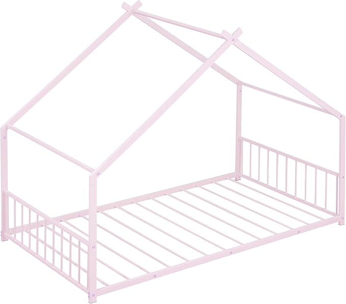 RITSU Twin Size Montessori Floor House Bed, Bedframe with Metal Slat & with Headboard and Footboard, Sturdy Construction, for Children's Room, Girls, Boys, Pink - LeafyLoom