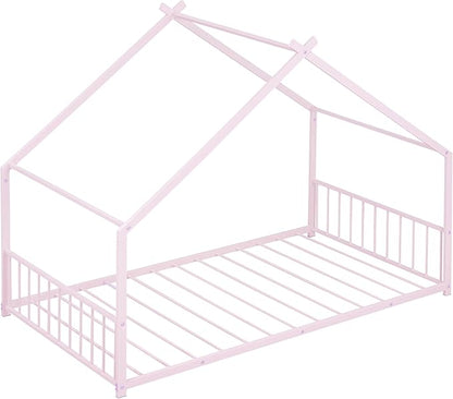 RITSU Twin Size Montessori Floor House Bed, Bedframe with Metal Slat & with Headboard and Footboard, Sturdy Construction, for Children's Room, Girls, Boys, Pink - LeafyLoom