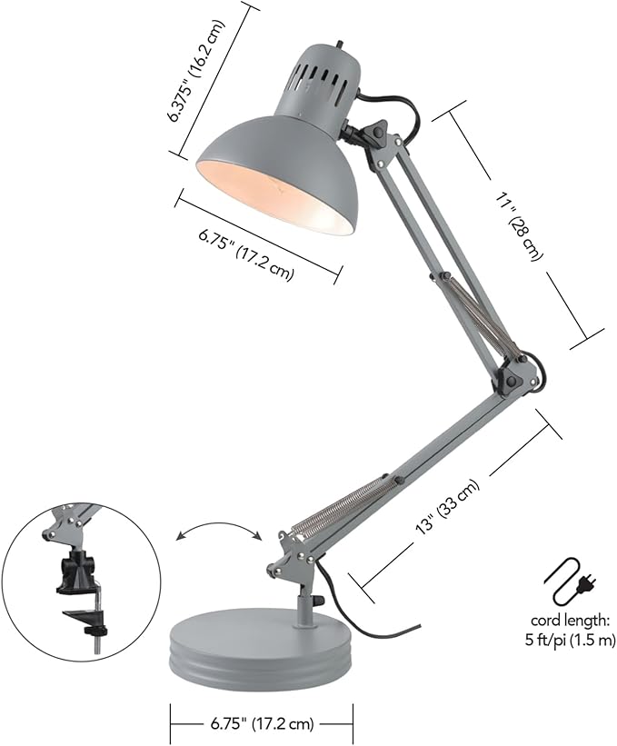 Globe Electric 56106 28" Spring Balanced Arm Desk Lamp, Matte Gray, On-Off Rotary Switch on Shade, Interchangeable Base and Clamp Arm Design, Home Décor, Desk Lamps for Home Office, Home Décor - LeafyLoom