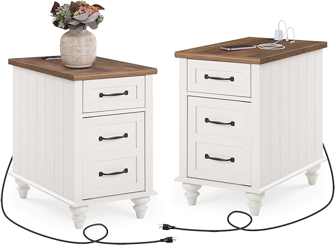 WAMPAT 2 Pack White End Table with Charging Station, Wood Side Sofa Table with Drawer and Storage Cabinet, Modern Nightstand with Power Outlets & USB Ports for Living Room, Bedroom - LeafyLoom