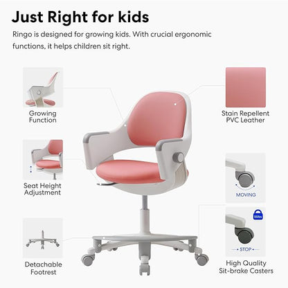 SIDIZ ringo Kids Desk Chair : Ergonomic Kids Chair with Footrest, 4-Step Growing Function, Adjustable Seat Height, Sit-Locking Casters, Swivel Type Kids Chair (Rosy Pink Chair) - LeafyLoom