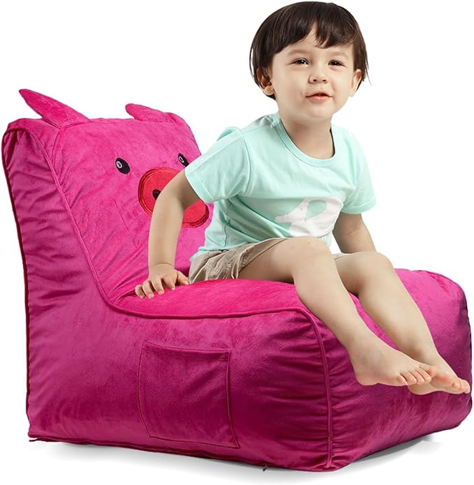 Bean Bag Chair for Kids, Cute Pig L-Shape Animal Bean Bag Sofa with Top Handles and Side Pockets, Cute Soft and Comfy Bean Bag Chair with Filler Included, Ages 1+ Children's Day Gifts - LeafyLoom