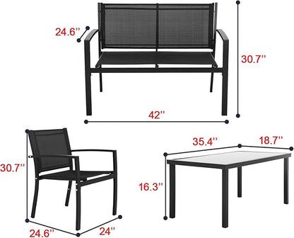 FDW 4 Piece Patio Conversation Sets with Metal Patio Furniture Tempered Glass Tabletop Waterproof Textilene for Outside Backyard Lawn Balcony - LeafyLoom