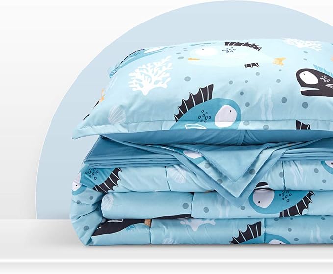 SLEEP ZONE Kids Bedding Comforter Set Full/Queen Size - Super Cute & Soft Kids Bedding 7 Pieces Set with Comforter, Sheet, Pillowcase & Sham (Little Fish) - LeafyLoom