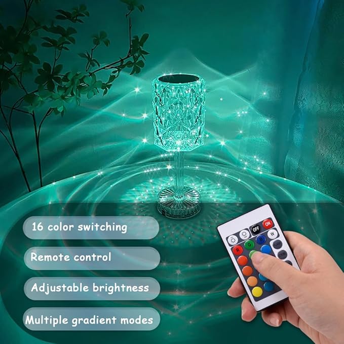 Portable Crystal Table Lamp,Acrylic Cordless LED Desk Lamp with Touch Control, 3 Color Touch Control Rechargeable Lamp, Night Light, Bedside Lamp,Dining Room Lamp (16 Color) - LeafyLoom