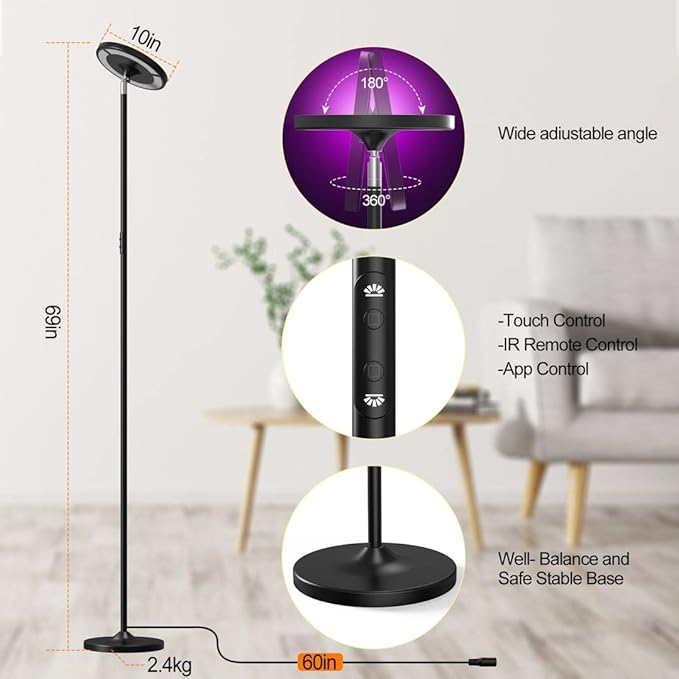 Tenmiro Floor Lamp,2700K-6500K Super Bright Floor Lamps for Living Room, 2 in 1 Color Changing Floor Lamp & Reading Lamp, Standing Lamp for Bedroom - LeafyLoom