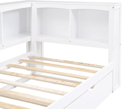 SuperStroke Jintop Twin Size Daybed with 5 Storage Cabinets and Trundle,Wood Sofa Bed Frame W/ 2 Standard Plug Outlets & Two USB Ports,No Box Spring Required,for Living Room Bedroom Apartment,White - LeafyLoom