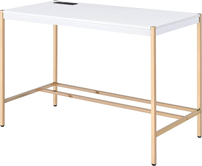 Acme Midriaks Wooden Top Writing Desk with USB Port in White and Gold - LeafyLoom