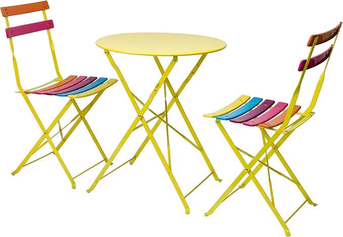 Alpine Corporation MSY114A Rainbow Metal Bistro Set w Two, Table: 24" L x 24" W x 28" H Chair: 16" L 18" W x 32" H - LeafyLoom