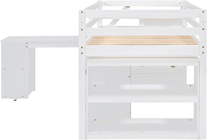 Loft Bed Frame, Twin Size Low Loft Bed with Storage Stairs, Shelves, Retractable Writing Desk and 3 Drawers, Wooden Twin Lofbed Frame for Kids Boys Girls Bedroom, Space-Saving Design, White - LeafyLoom