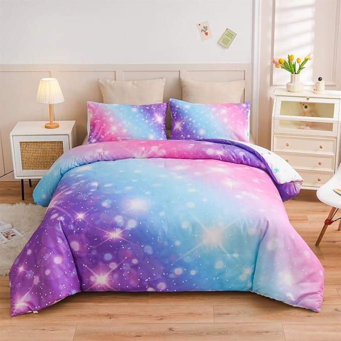 Holawakaka Girls Space Star Rainbow Glitter Comforter Set Ombre Galaxy Print Gradient Reversible Bedding Set Full Size Kids Bed Sets (Pink Lavender, Full) - LeafyLoom