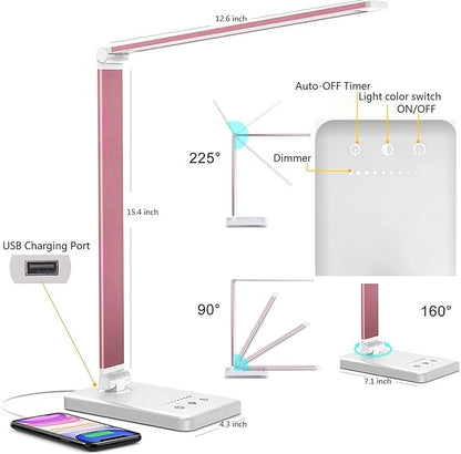 LED Desk Lamp Dimmable Table Lamp Reading Lamp with USB Charging Port, 5 Lighting Modes, Sensitive Control, 30/60 Minutes Auto-Off Timer, Eye-Caring Office Lamp (Pink) - LeafyLoom