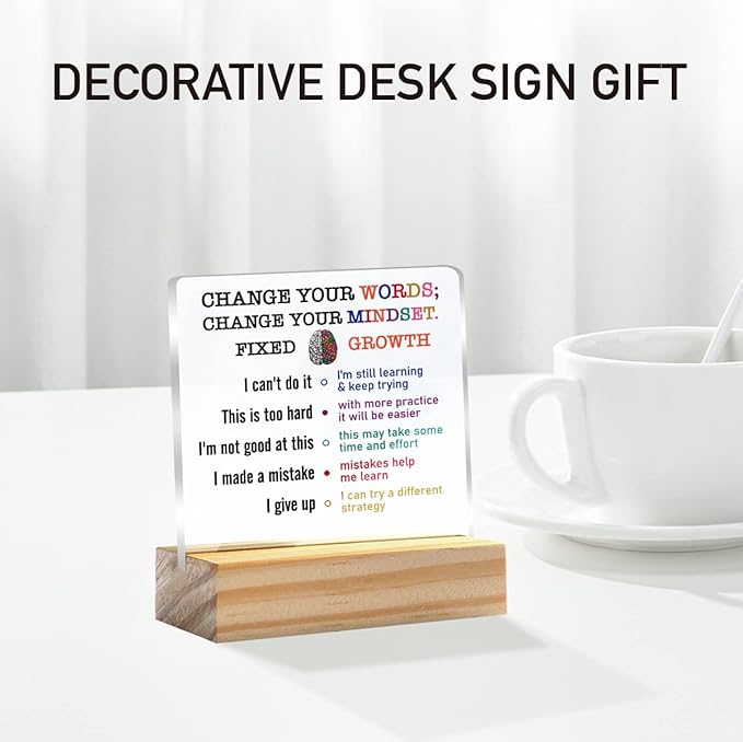 Growth Mindset Gift Change Your Words Change Your Mindset Clear Desk Decorative Sign Keepsake Present Positive Acrylic Plaque with Wooden Stand Sign Desk Decor for Home Office - LeafyLoom