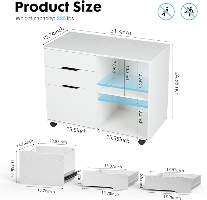 Sweetcrispy 3-Drawer File Cabinet, Lateral Mobile Filing Cabinet Wood Under Desk Storage Organizer with Wheels, Printer Stand & Open Shelves for Home Office Organization - White - LeafyLoom