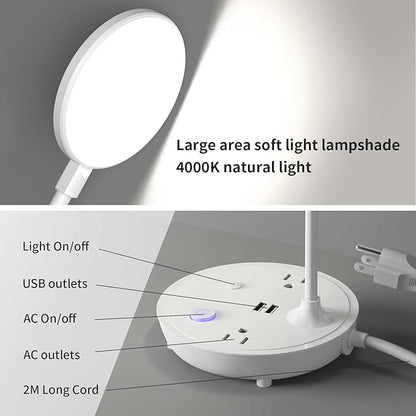 Desk Lamp Small Table Lamp for Bedside Lamp Bedroom Desk Light with Dual USB Charging Port and AC Outlet Office Reading Light Adjustable Gooseneck Working White LED Reading Lamp for Home Office - LeafyLoom