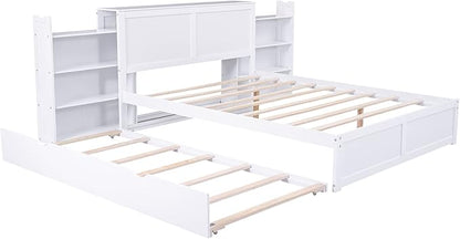 Storage Platform Bed Frame Queen with Pull Out Shelves and Twin XL Size Trundle, Wooden Platform Bed with Storage Headboard for Bedroom, No Box Spring Needed, Easy Assembly, White - LeafyLoom