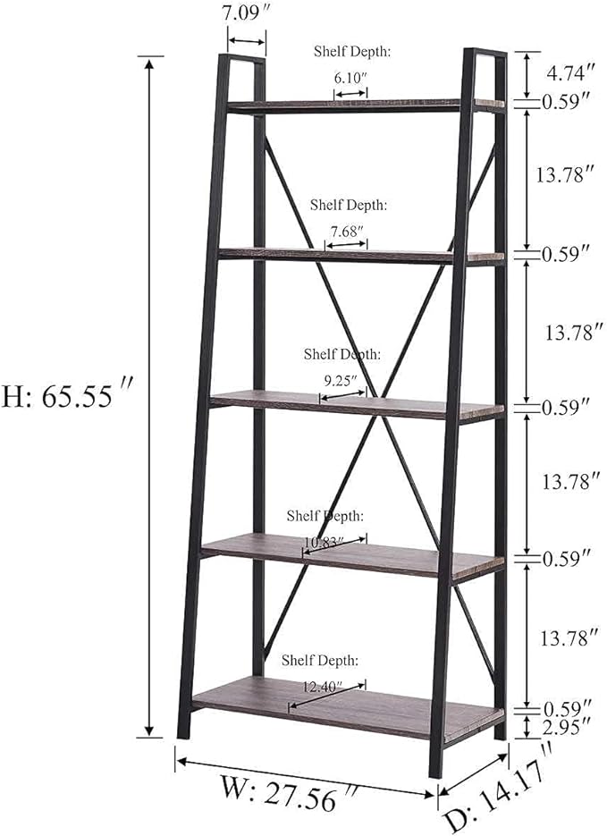 BON AUGURE 5-Tier Ladder Shelf, Industrial Leaning Bookcase, Wood and Metal Ladder Bookshelf for Living Room, Bedroom, Kitchen, Home Office (Grey Oak) - LeafyLoom