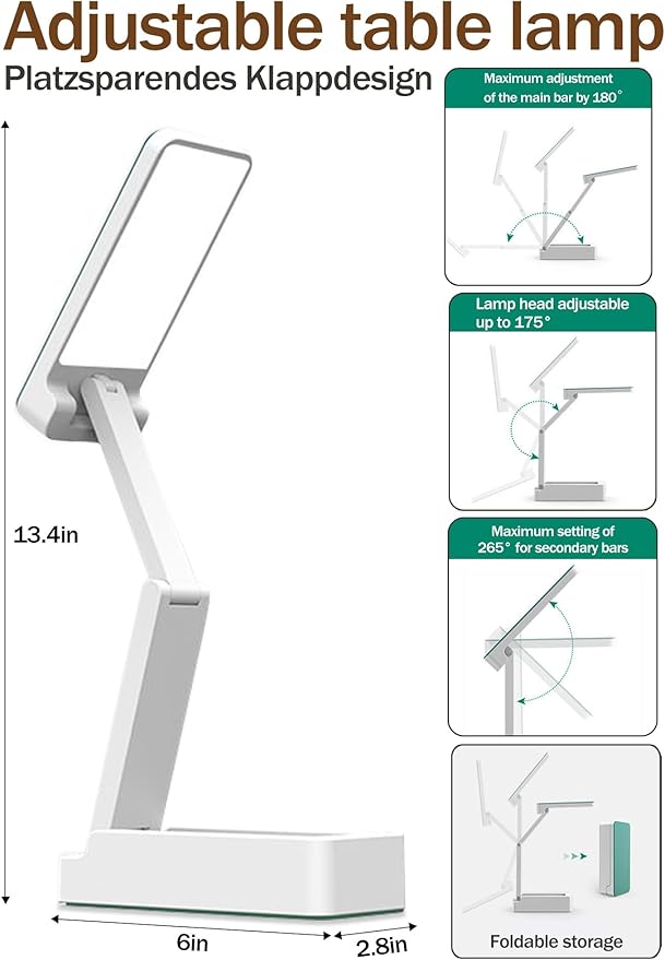 LED Desk Lamp, Foldable & Portable Light Rechargeable 5400mAh Reading Lamps,3 Color Modes Dimmable Portable Small Desk Light for Office, Home, Dormitory - LeafyLoom