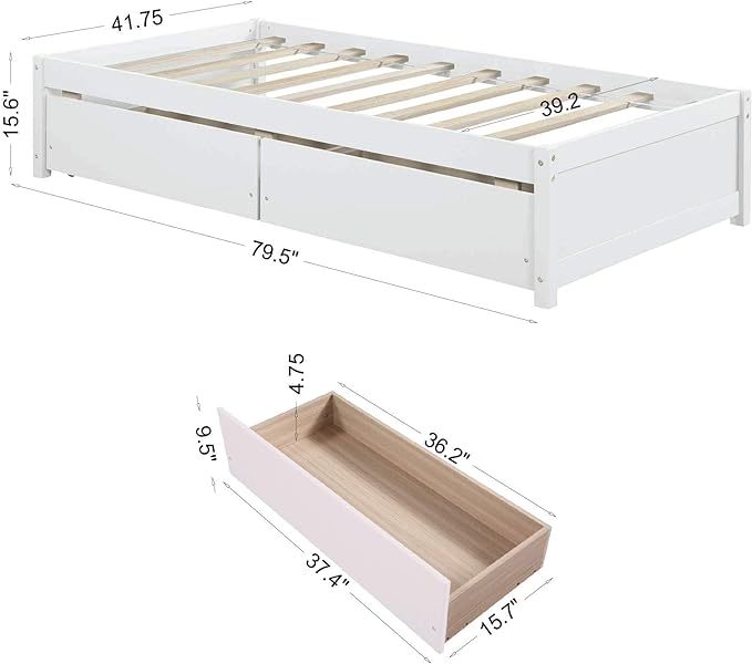 Twin Bed with 2 Storage Drawers, Solid Pinewood Twin Size Bed Frame,for Boys/Girls/Teens Bedroom, Easy to Assemble, No Box Spring Needed,White - LeafyLoom