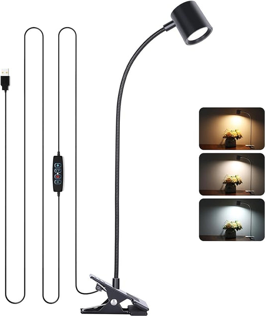 Dott Arts Desk Lamp,USB Clip On Light with 3 Color Modes,LED 10 Levels Brightness Reading Light, 360°Gooseneck Book Light,Eye-Care Reading Lamp for Home Office,Headboards Black - LeafyLoom