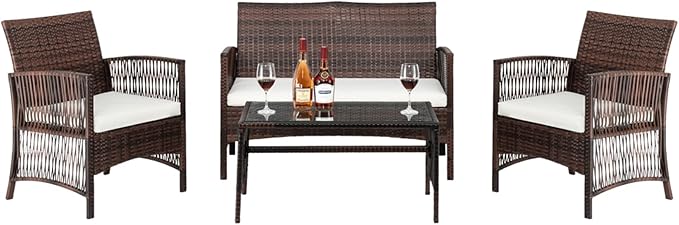 Outvita 4 Pieces Patio Furniture Set, Rattan Conversation Sets with Loveseat Soft Cushion and Glass Table for Garden Backyard Balcony Porch Poolside (Brown) - LeafyLoom