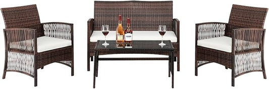 Outvita 4 Pieces Patio Furniture Set, Rattan Conversation Sets with Loveseat Soft Cushion and Glass Table for Garden Backyard Balcony Porch Poolside (Brown) - LeafyLoom