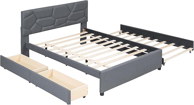 Full Size Linen Upholstered Platform Bed with Twin Size Trundle and 2 Drawers,Bedroom Bed Frame w/Brick Pattern Headboard,Wooden Slats Supproted,for Teens Kids Adults,Gray - LeafyLoom