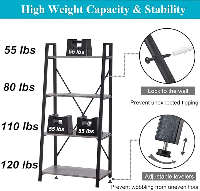 BON AUGURE Rustic Ladder Bookshelf, 4 Tier Industrial Ladder Shelf Bookcase, Standing Leaning Book Shelves for Living Room (Dark Gray Oak) - LeafyLoom