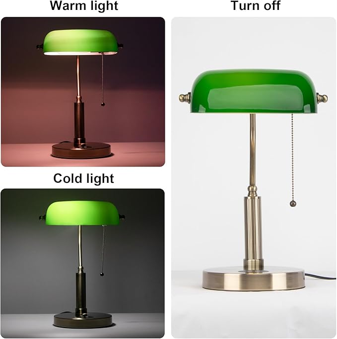 FIRVRE Bankers Lamp with2 USB and Wireless Charging Port，Pull Chain Switch Green Glass Desk Lamp， E26 Base,Traditional Library Desk Lamps for Home Office,Bedroom,Piano - LeafyLoom