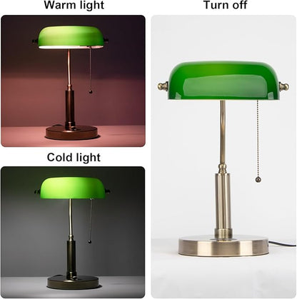 FIRVRE Bankers Lamp with2 USB and Wireless Charging Port，Pull Chain Switch Green Glass Desk Lamp， E26 Base,Traditional Library Desk Lamps for Home Office,Bedroom,Piano - LeafyLoom