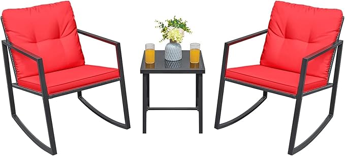 Greesum 3 Pieces Rocking Wicker Bistro Set, Patio Outdoor Furniture Conversation Sets with Porch Chairs and Glass Coffee Table, Red - LeafyLoom