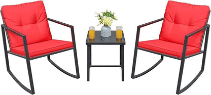 Greesum 3 Pieces Rocking Wicker Bistro Set, Patio Outdoor Furniture Conversation Sets with Porch Chairs and Glass Coffee Table, Red - LeafyLoom