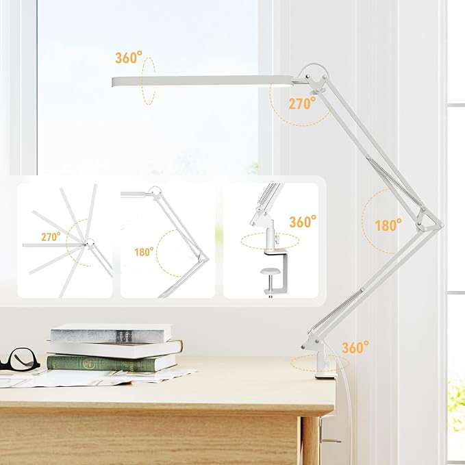 SKYLEO Desk Lamp - 31.5" Desk Light - 5 Color Modes X 11 Brightness Levels - Adjustable Swing Arm - Timmer & Memory Function - 12W Study Lamp - White - LeafyLoom