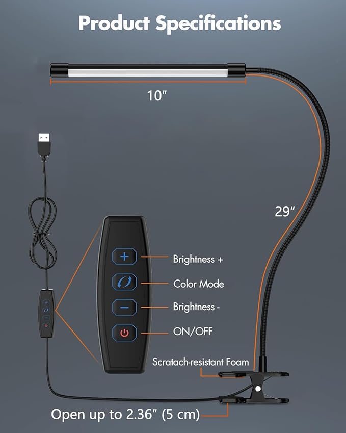 JHD LED Desk Lamp with Clamp - Adjustable 3 Modes, 10 Brightness Levels, USB Eye Caring Flexible Gooseneck Desk Light, Perfect for Home Office, Dorm Room, Bed Headboard,Nail, Clip On Light, Black - LeafyLoom