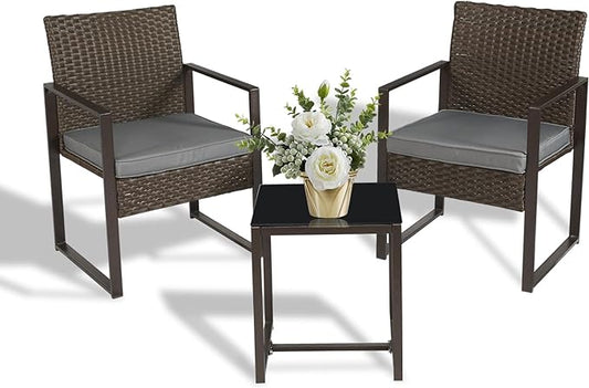 3 Pieces Patio Furniture Set Outdoor Wicker Bistro set Rattan Chair Conversation Sets with Coffee Table for Porch, Balcony,Garden,Backyard and Removable Cushions Grey - LeafyLoom